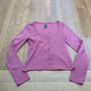 pink long sleeves ribbed button up gap casual blouse size medium